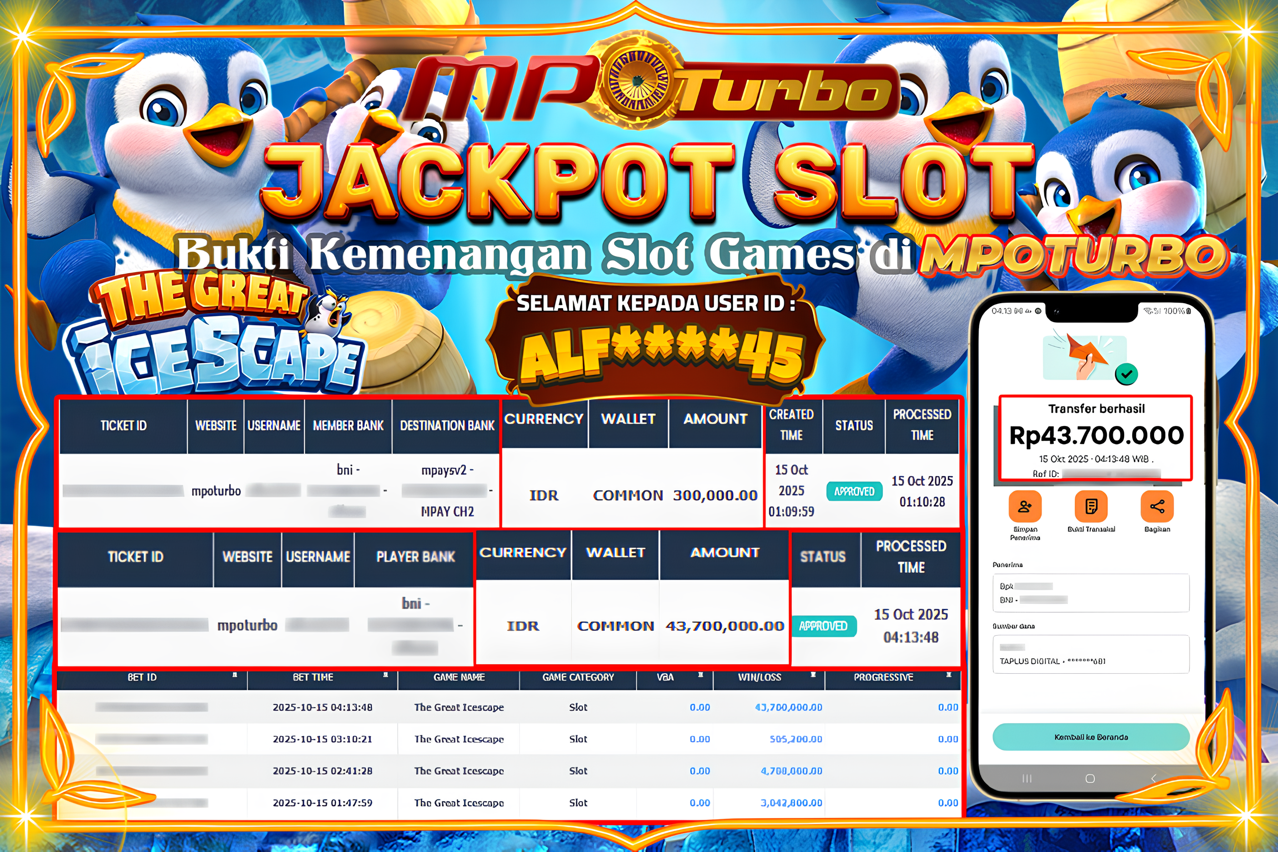 MPOTURBO JACKPOT SLOT THE GREAT ICESCAPE - PG SOFT Rp 43,700,000.00,- LUNAS
